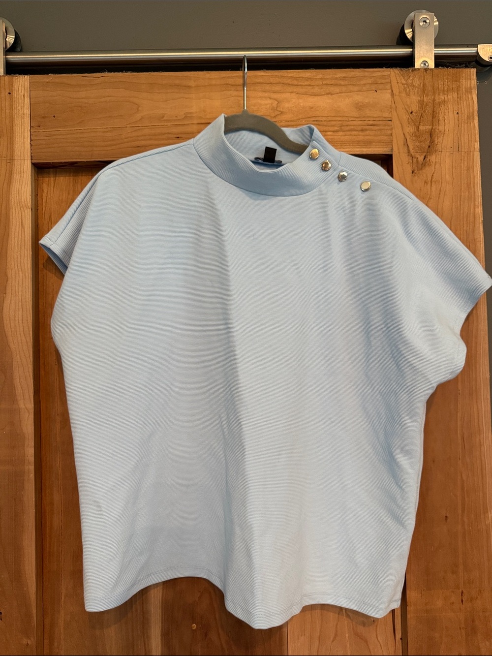 Ann Taylor Pale Blue Mock Neck Top with Gold Snap Details